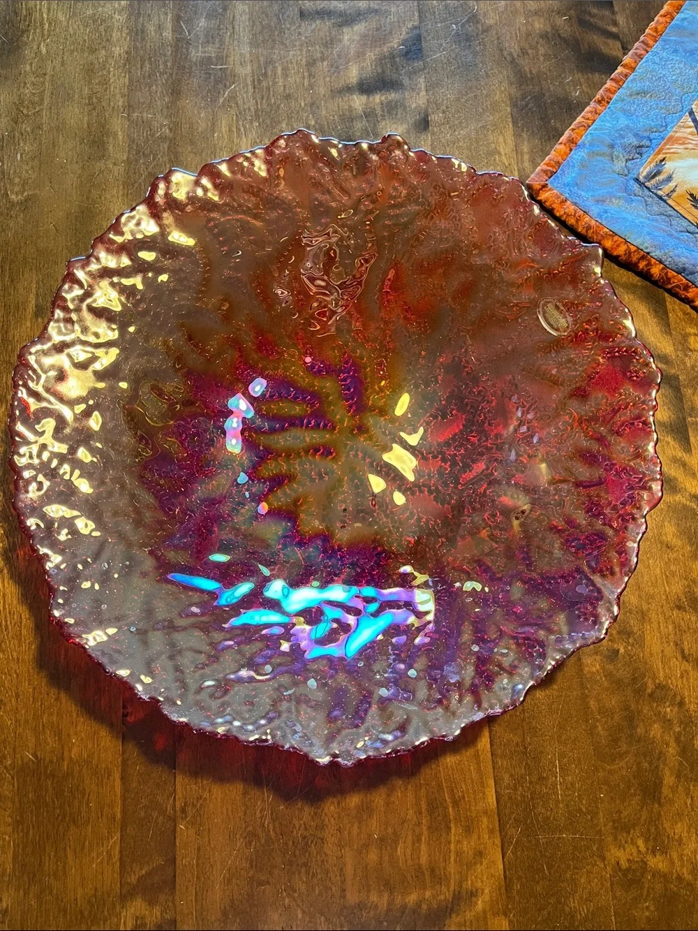 Art Glass Decorative Bowl - Iridescent Red Accent